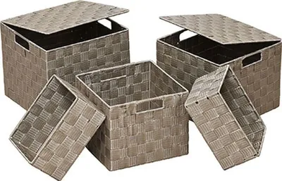 Produktbild von Aufbewahrungsbox Taupe 5-teilig aus Polyester, Aufbewahrungskorb mit Deckel & Tragegriff, Praktische Organizer Boxen Platzsparend & Stapelbar für vielseitige Aufbewahrung