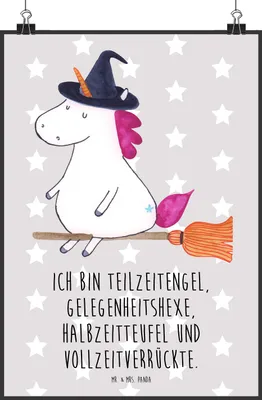 Produktbild von Mr. & Mrs. Panda Bild Einhorn Hexe DIN A2 - Grau Pastell - Geschenk, Engel, Freundin, Wandschmuck, Wandbild, Designposter, Unicorn, Teufel, wanddeko, Frau, drucke