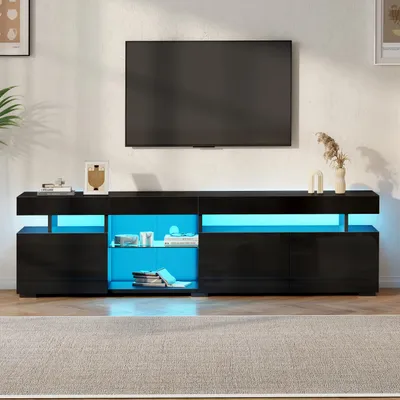 Produktbild von TV-Schrank Lowboard Lounge-Set Fernsehtisch 180x35x45cm Sitzgruppe bis 80 Zoll TV-Board Schwarz Hochglanz aus Spanplatte mit LED Glasboden & 3 Türen