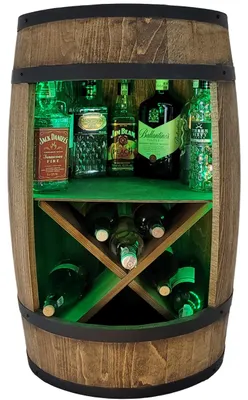 Immagine prodotto di Elegante bancone in legno con botte per bottiglie di alcolici, ripiano per vino a forma di X e illuminazione a LED RGB