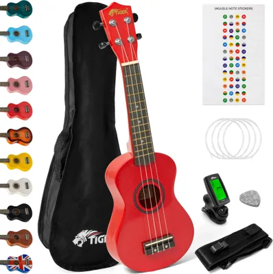 Productafbeelding van TIGER UKEKIT Ukulele-set voor beginners, inclusief sopraan-ukulele, stemapparaat, riem, ukelele-stickers, reserve-snaren en een vilten plectrum - Rood -