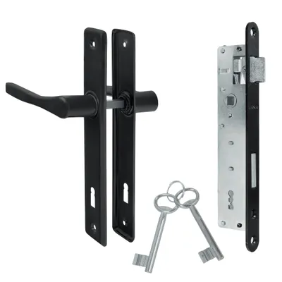 A black door handle set and a lock mechanism with two keys, displayed on a white background.