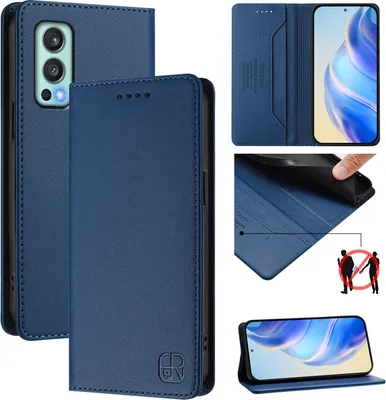 Collage of images showing a blue flip wallet phone case for a OnePlus Nord 2 5G, with various angles and features displayed.
