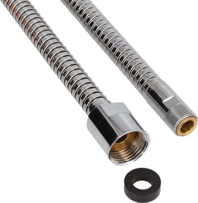 A close-up view of a flexible metal shower hose with connectors and a rubber washer.