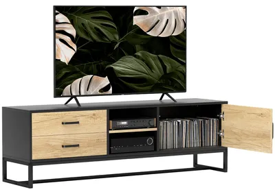 Image de Meuble TV pour tšŠlšŠviseurs jusqu'š€ 60 pouces, meuble tšŠlšŠ avec placard compartiments ouverts, 2 tiroirs, bois naturel