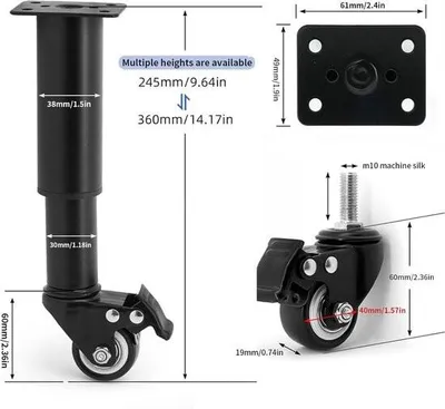 Produktbild von 4 höhenverstellbare Möbelfüße mit Rollen und Feststellbremse, 360° drehbar, für Sofas, Betten, Schränke und Tische, schwarz, 245–36