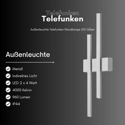 Produktbild von Telefunken LED Außenleuchte Wandlampe Silber IP44 2 x 8W 780lm Neutralweiß 4000K