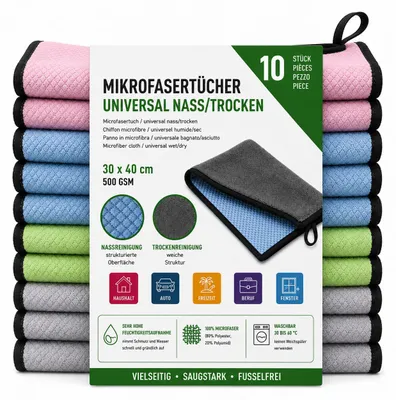 Produktbild von Microfasertücher Universal Nass/Trocken 30 x 40 cm 10er Set 500 GSM, KI-generiertes Bild