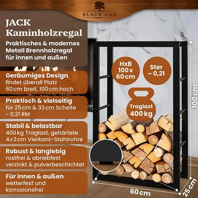 Produktbild von BLACK OAK Kaminholzregal JACK 100×60×25cm – Stahl schwarz für innen & außen