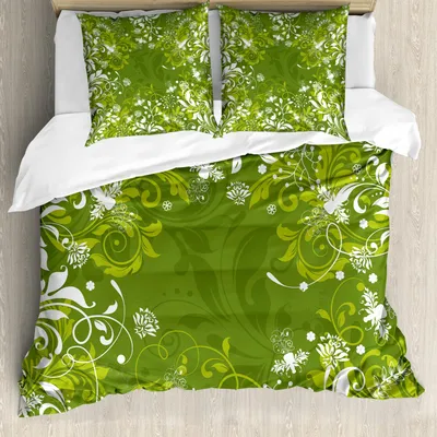 Produktbild von ABAKUHAUS Grün Bettbezug Set, Abstrakte Blumenverzierungen Natur inspirierte künstlerische Niederlassungs-Blätter, 155 x 220 cm + 80 x 80 cm, Apfelgrün Farngrün