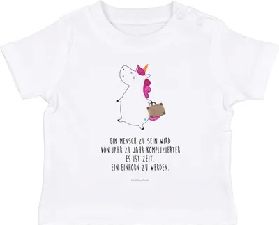 Produktbild von Mr. & Mrs. Panda Babyshirt Einhorn Koffer 6. - 12. Monat - Weiß - Geschenk, Unicorn, Abenteuer, Kinder T-Shirt, , Baby Kurzarmshirt, Einhörner, Shirt, Reise, Lustig
