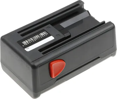 A black battery pack with a red button and a barcode sticker.