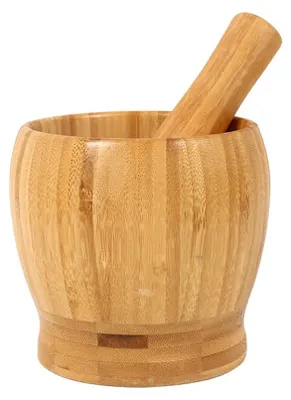 Productafbeelding van Decopatent - Bamboe Vijzel met Stamper Ø10 cm - Duurzame Houten Vijzel Set - Kruiden & Specerijen Malen - Keuken Accessoire Bamboo