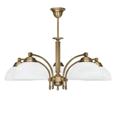 Produktbild von Kronleuchter Messing Goldpatina Alabaster-Glasschirm weiß matt Ø71x50cm 5xE27 300W Esszimmer Wohnzimmer klassisch elegant höhenverstellbar Decke