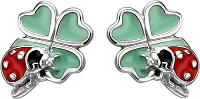 Produktbild von Kinder Ohrstecker Marienkäfer auf Kleeblatt 925 Silber Glückszeichen Ohrschmuck