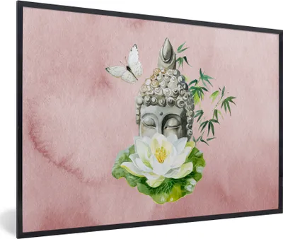 Produktbild von MuchoWow® MuchoWow® Gerahmtes Poster Buddha - Blume - Rosa 90x60 cm - Poster mit zchwarzem Bilderrahmen - Fotorahmen - Foto-Plakat