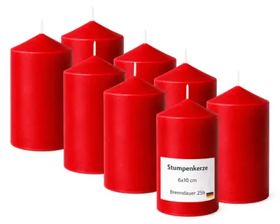 Imagen del producto de Velas tipo "stumpen" de 6 cm de diámetro y 10 cm de altura, color rojo, paquete de 8 unidades