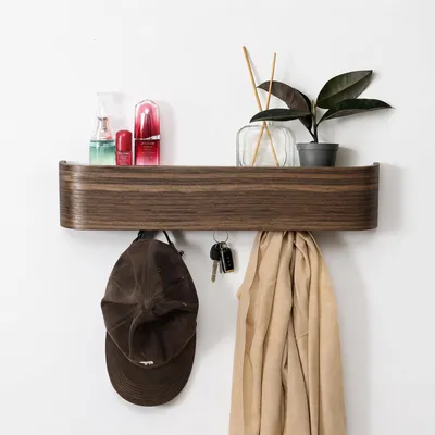 Wandgarderobe mit 5 Haken, Walnuss, Metall+Massivholz, 54x11,5x8,5 cm