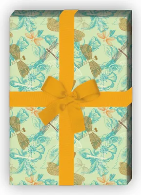 Produktbild von Sommerliches Blumen Geschenkpapier mit Libellen, grün - G10082, 32 x 48cm