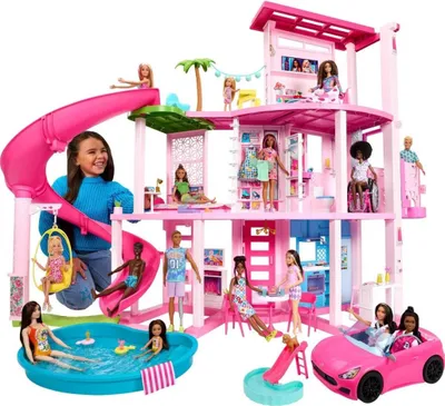 A Barbie Dreamhouse playset with multiple dolls and accessories, including a pool and a car.