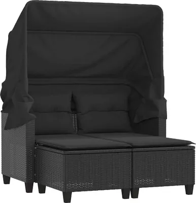 A black outdoor sofa with a canopy and cushions, shown from the front.