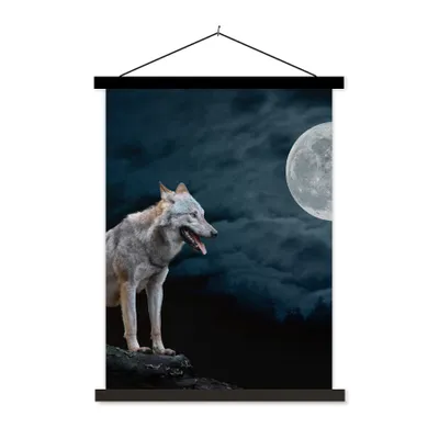 Produktbild von MuchoWow® Textilposter Wolf - Mond - Nacht - Tiere - Porträt 90x120 cm mit schwarzem Rahmen - Dekoration