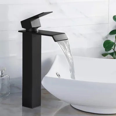 Produktbild von Homelody Wasserhahn Bad Wasserfall Badarmaturen Schwarz Waschbecken Armatur Waschtischarmatur Hoch Einhandmischer Mischbatterie für Badzimmer, Schwarz
