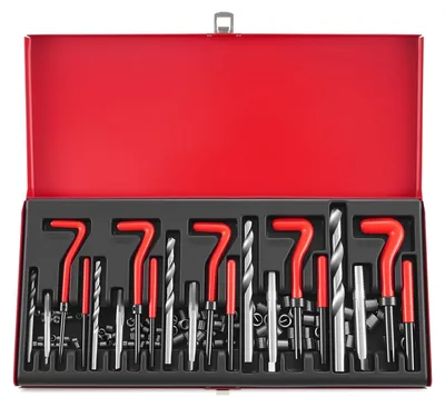 Produktbild von Gewindereparatur-Set - Gewindeeinsatz-Set - 131-teilig - M5–M12 - Einsätze, Gewindebohrer und Bohrer - Spiralnuten - Hochkohlenstoffstahl - Für beschädigte Gewinde