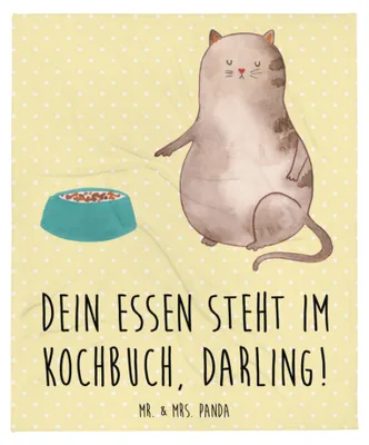 Produktbild von Mr. & Mrs. Panda Tagesdecke Katze Fressen - Gelb Pastell - Geschenk, Decke, Bettdecke, Sofadecke, Plaid, Kuscheldecke