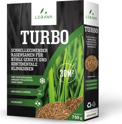 Zdjęcie produktu dla LERAVA TURBO – nasiona trawy o szybkim kiełkowaniu – przeznaczone do obszarów o chłodnym klimacie – trawniki w cieniu – intensywnie zielone barwy, odporne nasiona trawy o szybkim kiełkowaniu – 30 m²