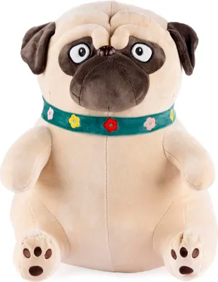 A plush toy pug dog sitting down.