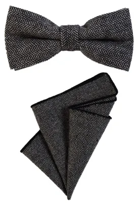 Produktbild von DonDon Herren Fliege 12 x 6 cm mit farblich passendem Einstecktuch 23 x 23 cm beides aus Baumwolle im Tweed Look schwarz grau kariert