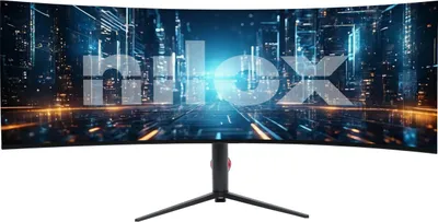 A curved computer monitor displaying a futuristic city scene with large text overlay.