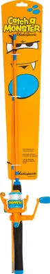 A fishing rod and reel combo for children, packaged in a colorful orange box with monster graphics.