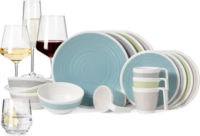 Produktbild von Melamin Camping Geschirr Set 4 Personen Harmonie 16 Teilig + 16 Milano Gläser Wassergläser Weingläser Champagner-Gläser Flûtes Tafelgeschirr Picknick BBQ Kochgeschirr