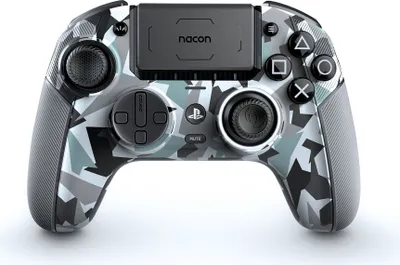 A Nacon PS5 Revolution 5 Pro Controller with an arctic camo design is shown against a white background.