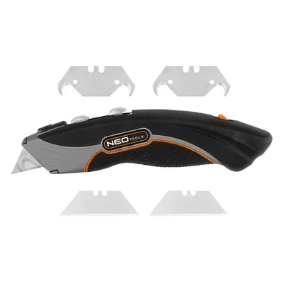 Zdjęcie produktu dla NEO TOOLS Nóż z ostrzem trapezowym i hakowym, metalowy korpus 6 ostrzy