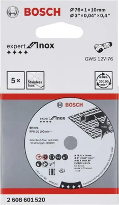 Zdjęcie produktu dla Bosch 2 608 601 520, Tarcza tnąca, Metal, Bosch, 1 cm, 7,6 cm, - GWS 10.8-76 V-EC Professional