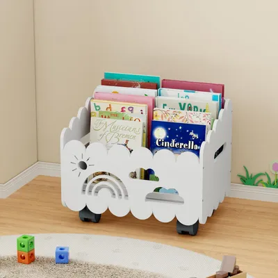 Image de Étagère en bois pour enfants, sur roulettes, blanche, dimensions : 44 x 32 x 37,5 cm