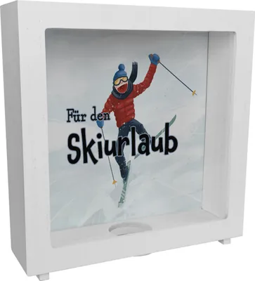 Produktbild von Rahmen Spardose aus Holz mit lustigem Skifahrer-Motiv und Spruch - Für den