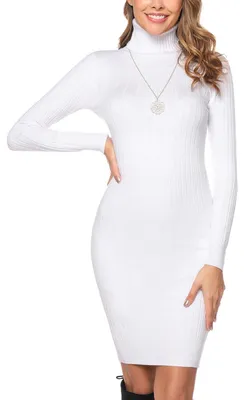 Produktbild von Irevial Strickkleid Damen Rollkragen Langarm Pulloverkleid Winter Weiß L