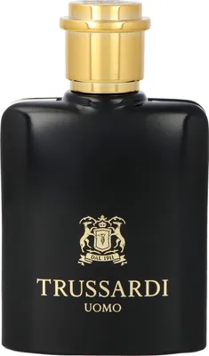 A black bottle of Trussardi Uomo perfume with a gold cap and gold lettering.