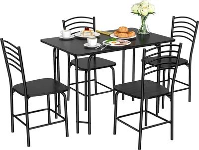 Immagine prodotto di Set da pranzo da 5 pezzi, tavolo da pranzo con 4 sedie, set da pranzo con struttura in metallo e piedini antiscivolo, set da pranzo per 4 persone, set da pranzo per sala da pranzo, cucina e soggiorno