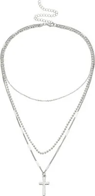 Produktbild von Mode Multi Layer Damen Halskette Kreuz Anhänger Choker Halskette Einstellbare Verlängerungskette Hip Hop Style Halskette