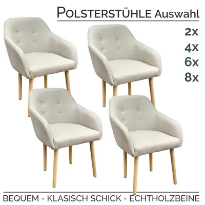 Produktbild von Stühle Esszimmerstühle in 2er, 4er, 6er, 8er Set, Armlehnstuhl Polsterstuhl Stoff Sessel mit Armlehne Echtholz Stuhl Sessel Stuhlbeine in Beige Kingpower , Stück:2
