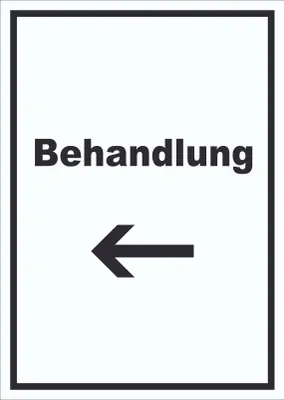 Produktbild von Behandlung Schild mit Text und Richtungspfeil links Behandlungsraum hochkant A6 Rückseite selbstklebend