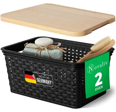 Produktbild von Novaliv 2er Set Eleganter Aufbewahrungskorb mit Holzdeckel in Rattan-Optik | Schwarz Lebensmittelecht Kunststoff 5L – Perfekt für Bad & Kleidungsaufbewahrung. Aufbewahrungsbox Badezimmer Körbchen.