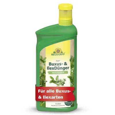 Produktbild von Neudorff Azet Buxus- & IlexDünger - 100% organischer Dünger für schnelles Wachstum und gesunde, tiefgrüne Buxus, Ilex und Immergrüne, 1 Liter
