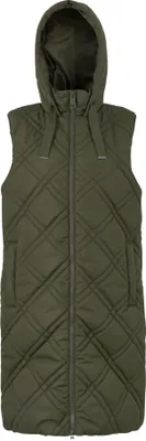 A studio shot of a green quilted vest.