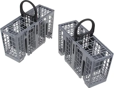 Two gray dishwasher cutlery baskets with black handles are shown against a white background.
